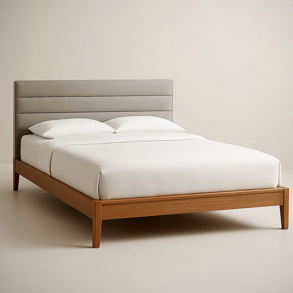 Lit plateforme en bois massif et tête de lit capitonnée en tissu beige 200x160 cm