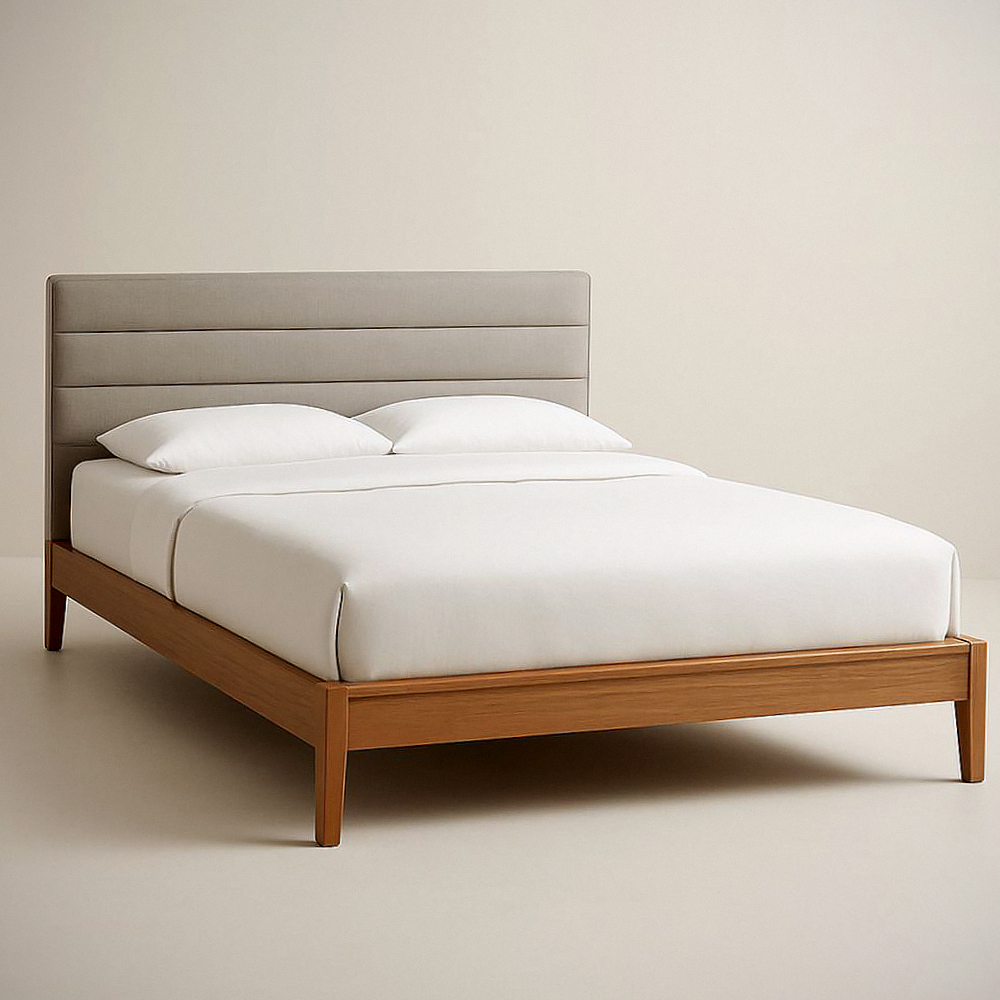 Lit plateforme en bois massif et tête de lit capitonnée en tissu beige 200x160 cm