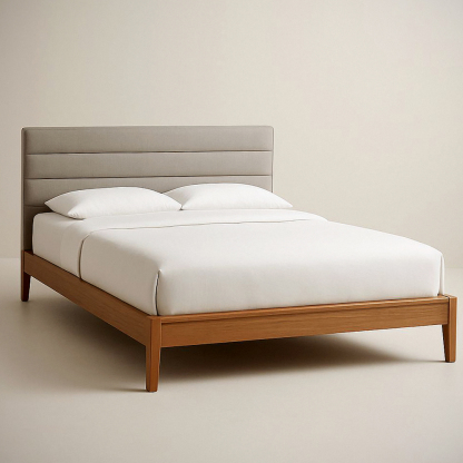 Lit plateforme en bois massif et tête de lit capitonnée en tissu beige 200x160 cm