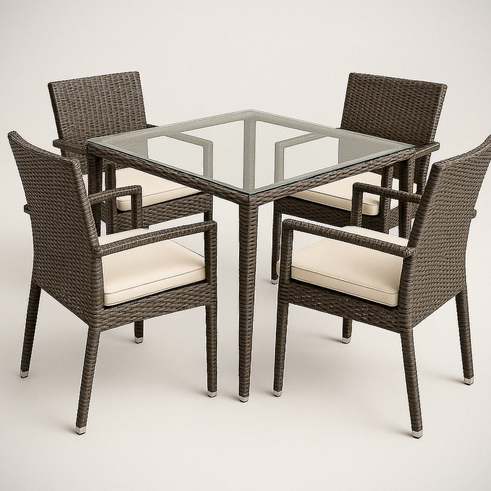 Ensemble de Mobilier de Jardin en Résine Tressée et Verre Tempéré Carré 5 Pièces