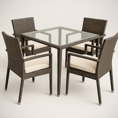 Ensemble de Mobilier de Jardin en Résine Tressée et Verre Tempéré Carré 5 Pièces