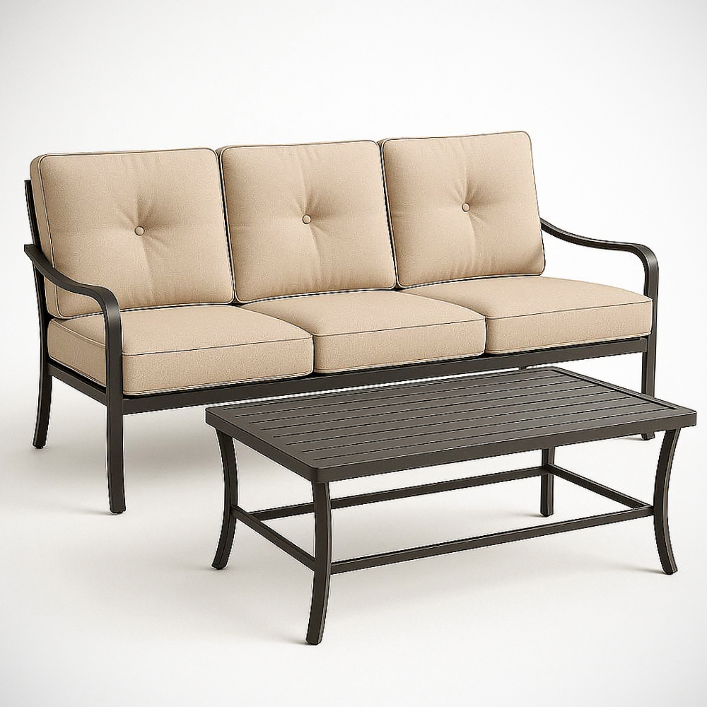 Ensemble de Salon Extérieur en Métal et Polyester Beige 2 Pièces