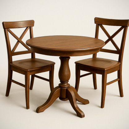 Ensemble Table Ronde + 2 Chaises en Bois Massif Marron 3 Pièces