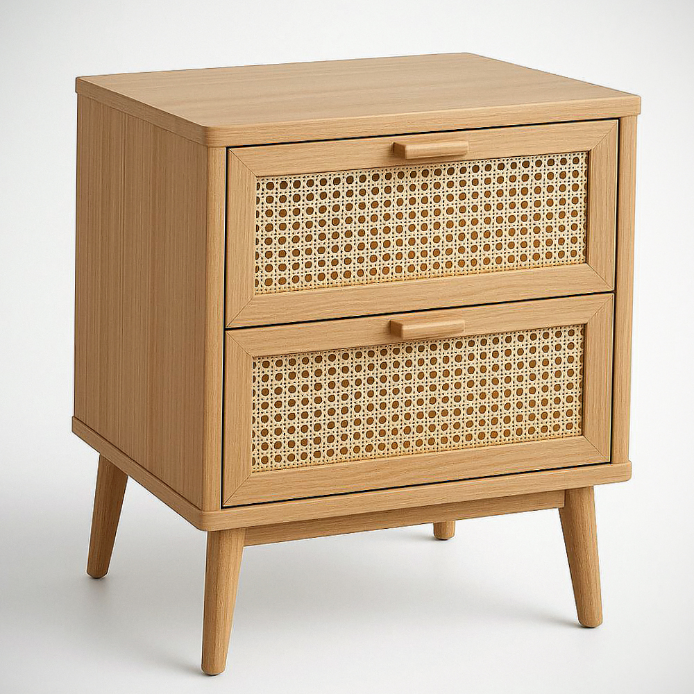 Table de chevet en bois massif avec tiroirs en rotin naturel