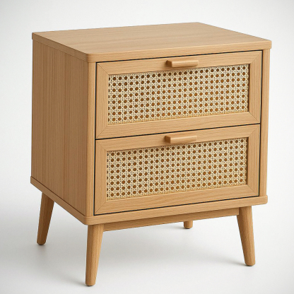 Table de chevet en bois massif avec tiroirs en rotin naturel