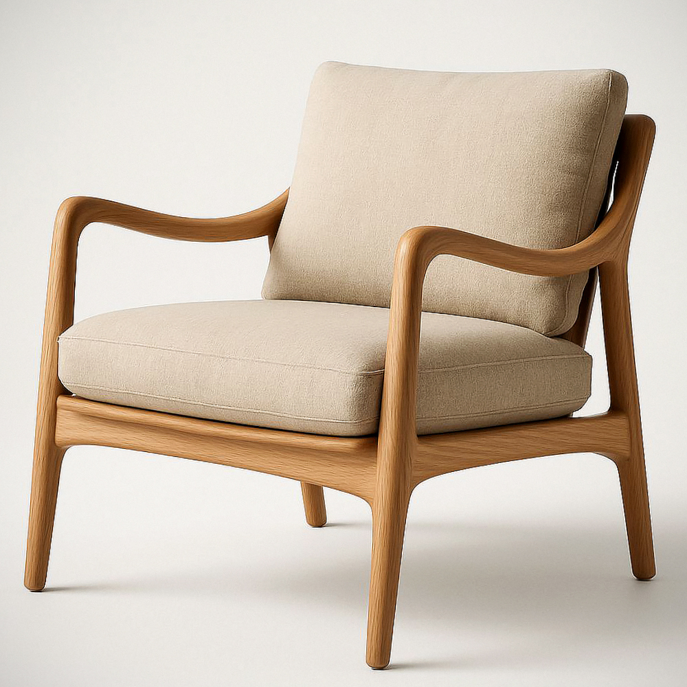 Fauteuil en Bois Massif avec Coussin Amovible en Tissu Beige