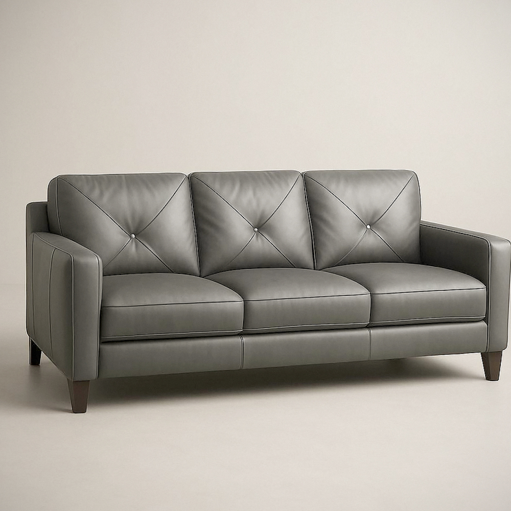 Canapé 3 Places Gris en Cuir Synthétique avec Pieds en Bois massif