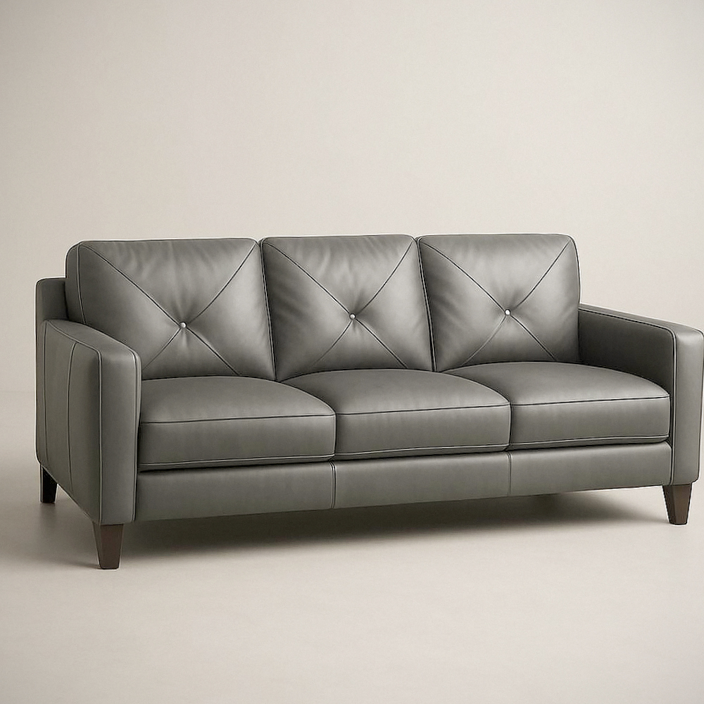 Canapé 3 Places Gris en Cuir Synthétique avec Pieds en Bois massif