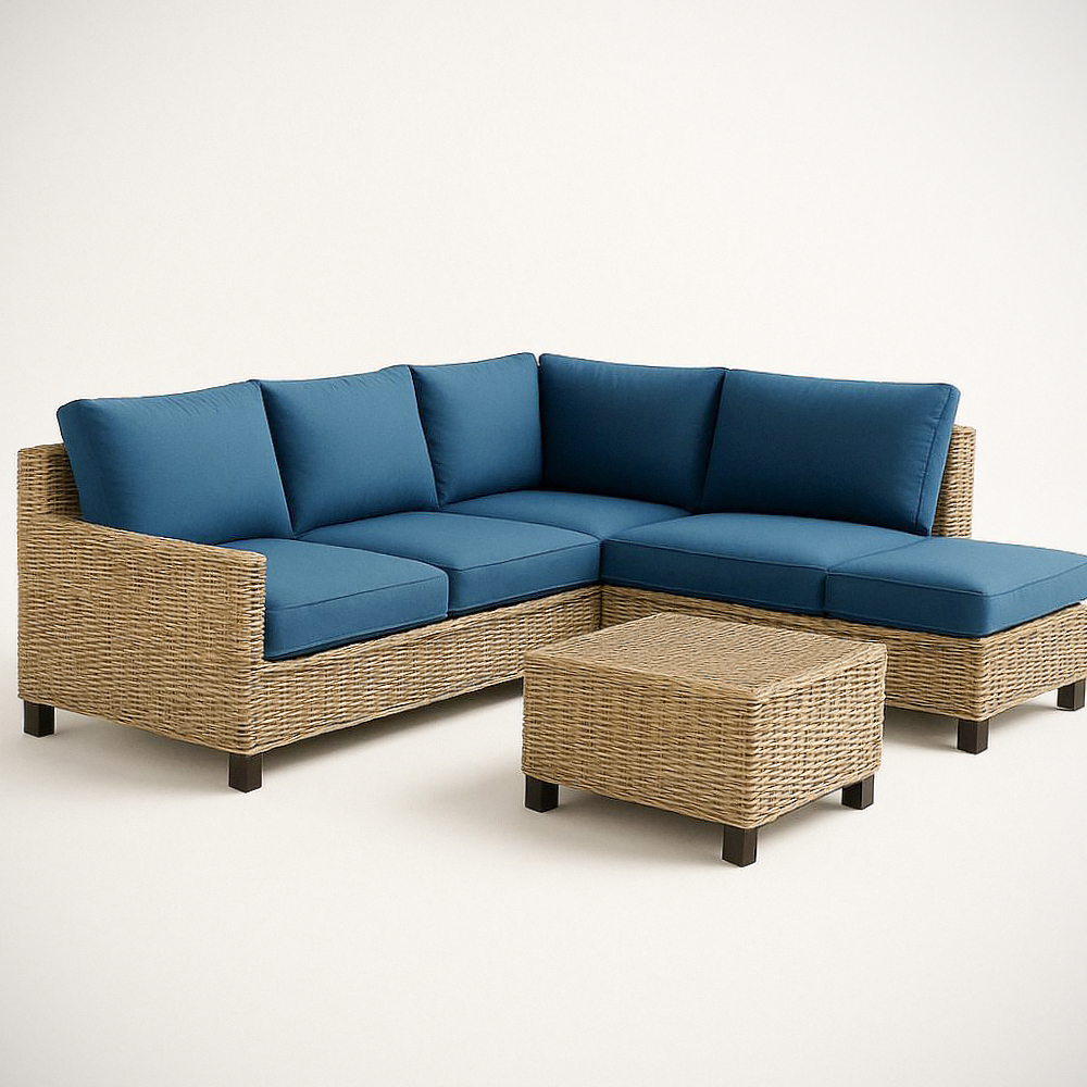 Ensemble de Salon de Jardin en Rotin Synthétique Coussin Bleu 5 Pièces - L-Shape