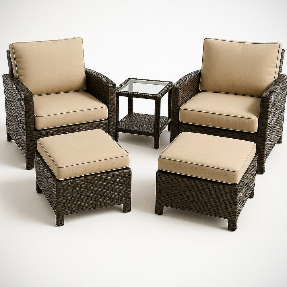 Ensemble de Salon de Jardin en Résine Tressée Marron 5 Pièces avec Coussins en Polyester Beige