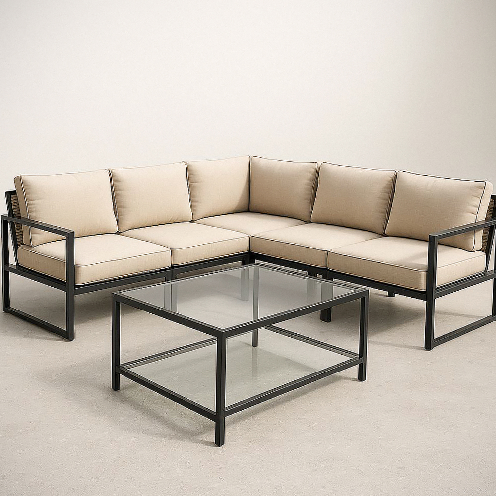 Ensemble Salon de Jardin d'Angle en Aluminium avec Coussins Beige et Table Basse en Verre Trempé