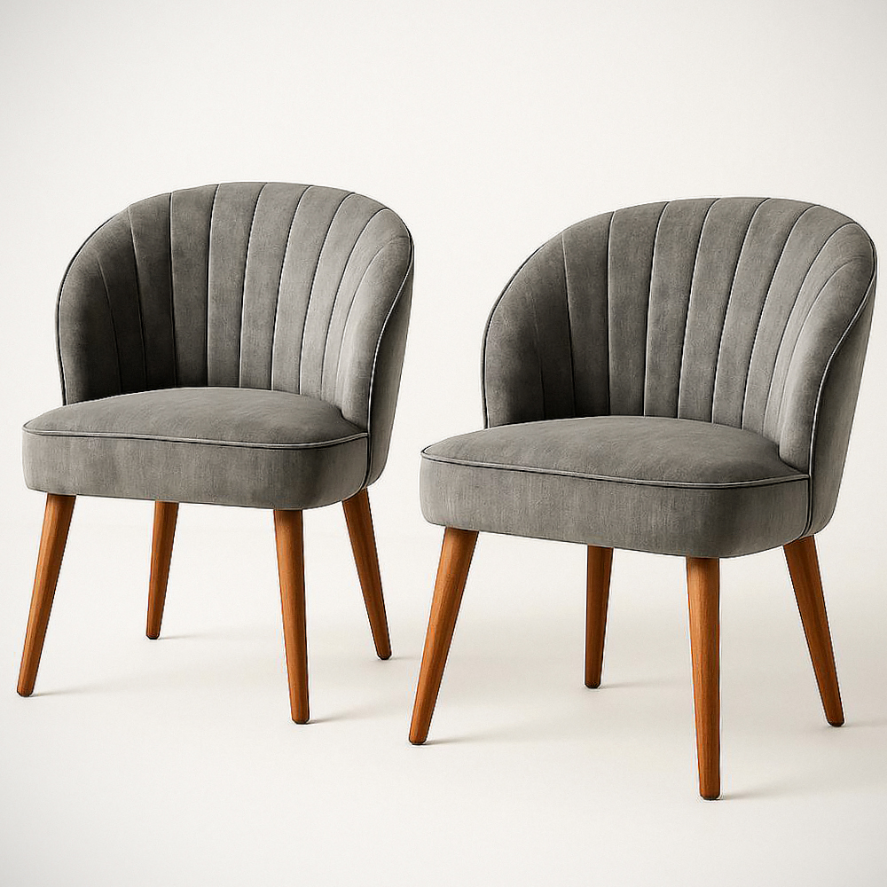 Lot de 2 fauteuils d'appoint arrondis en velours gris structure bois hauteur 75 cm