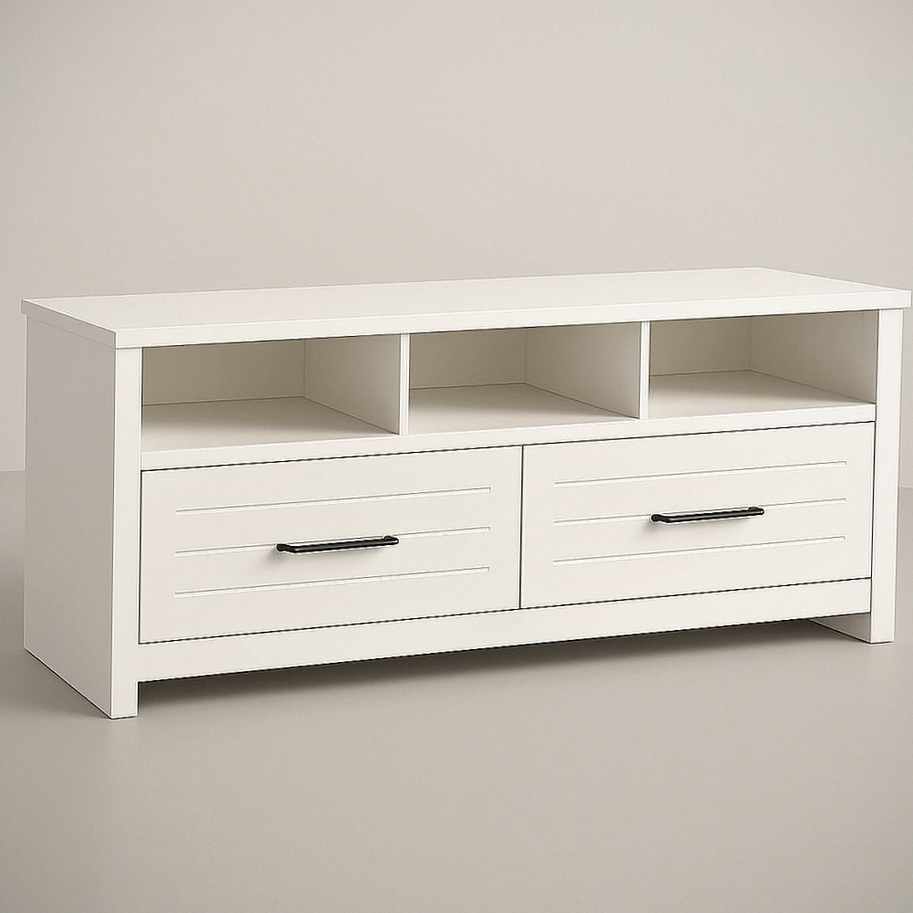 Meuble TV en Panneaux de Particules Blanc avec 2 Tiroirs et 3 Compartiments de Rangement