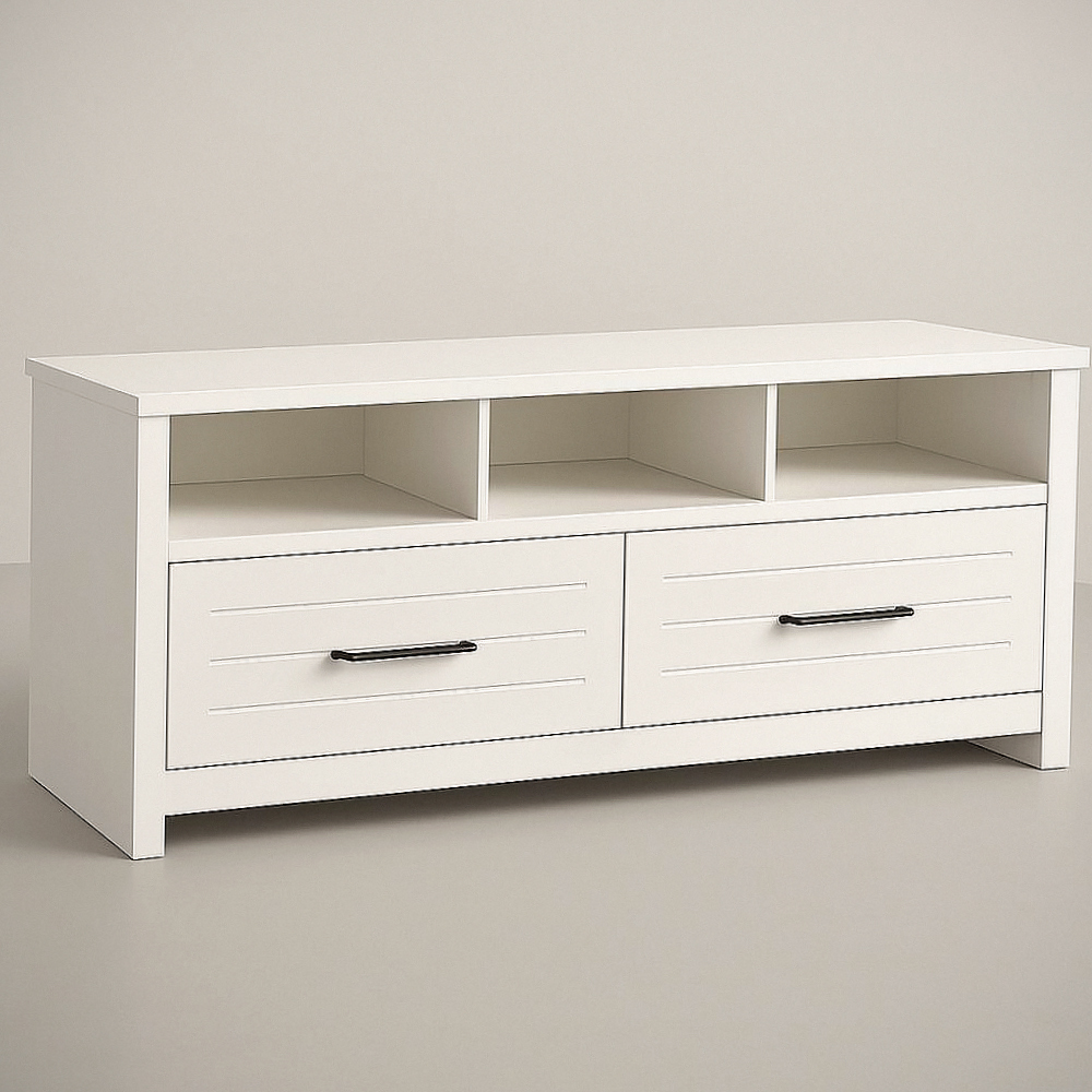 Meuble TV en Panneaux de Particules Blanc avec 2 Tiroirs et 3 Compartiments de Rangement