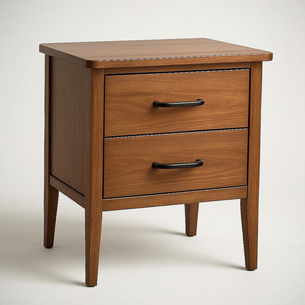 Table de chevet en bois avec 2 tiroirs et poignées en acier, marron