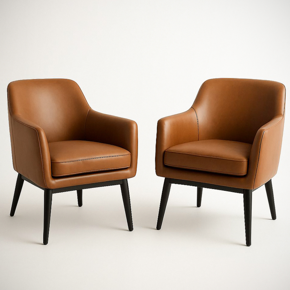 Lot de 2 Fauteuils en Similicuir Marron avec Pieds en Bois Massif, 70 cm x 65 cm x 75 cm