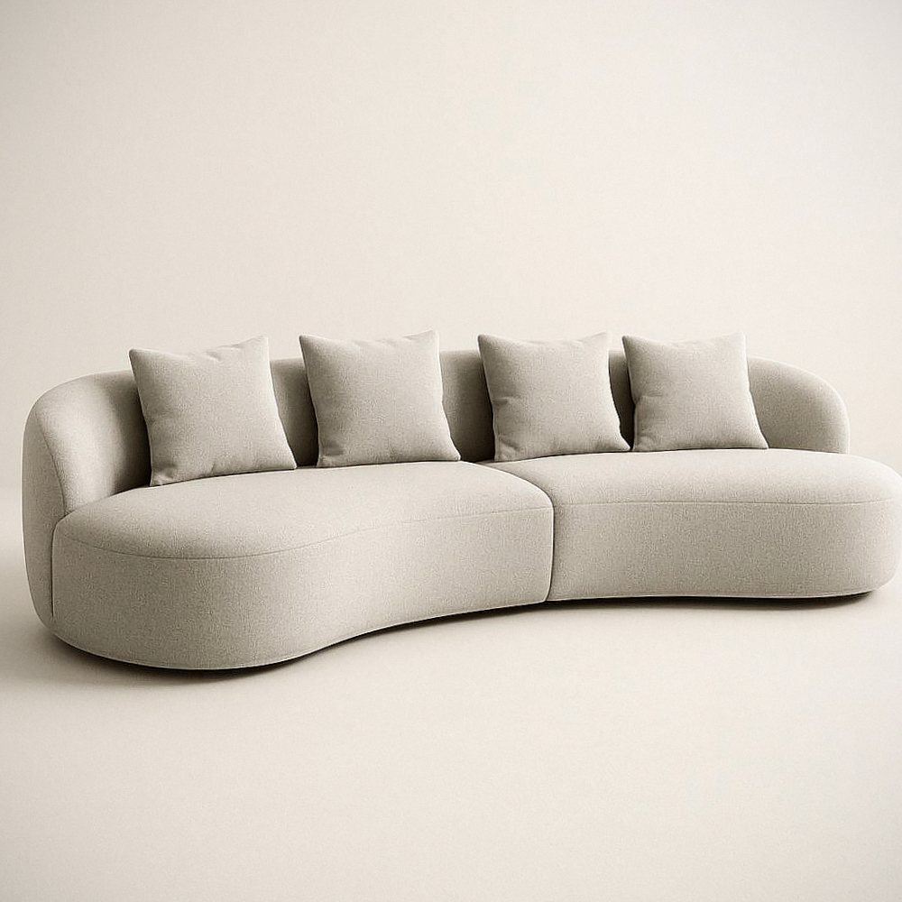 Canapé Courbé 3 Places Lin Beige avec Coussins en Microfibre