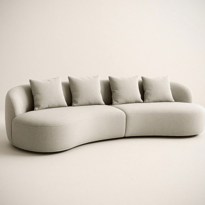 Canapé Courbé 3 Places Lin Beige avec Coussins en Microfibre