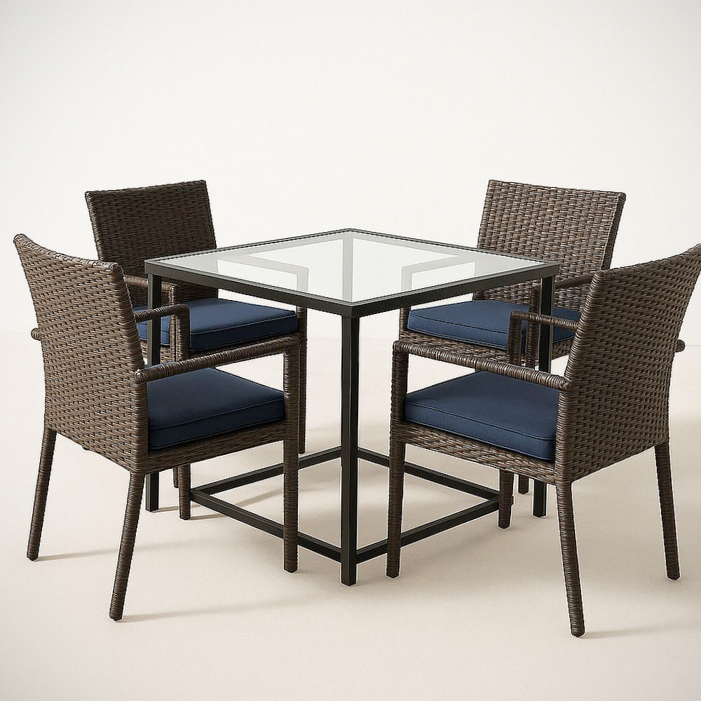 Ensemble de Salle à Manger Extérieure en Résine Tressée 5 Pièces avec Table en Verre Trempé et Chaises avec Coussins, Marron/Bleu