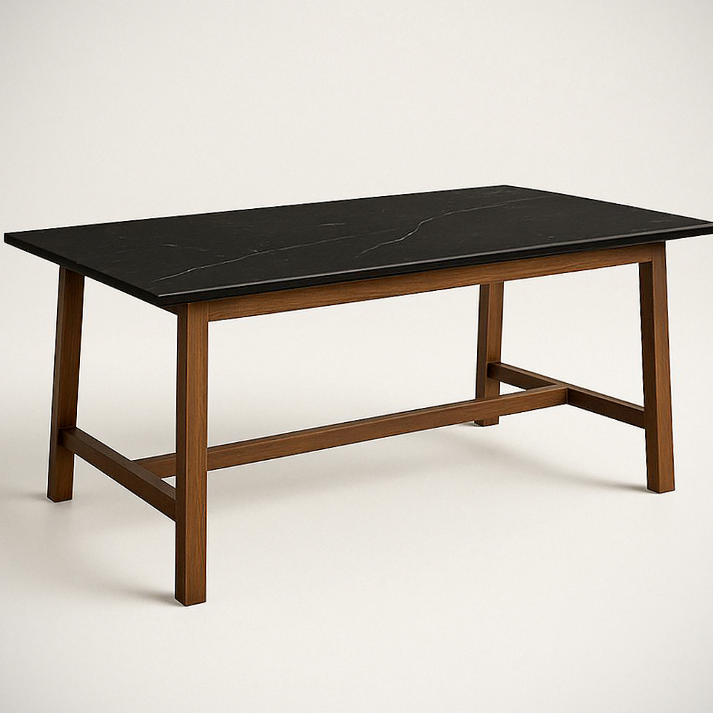 Table rectangulaire en céramique noir avec pieds en bois massif 180x90x75 cm