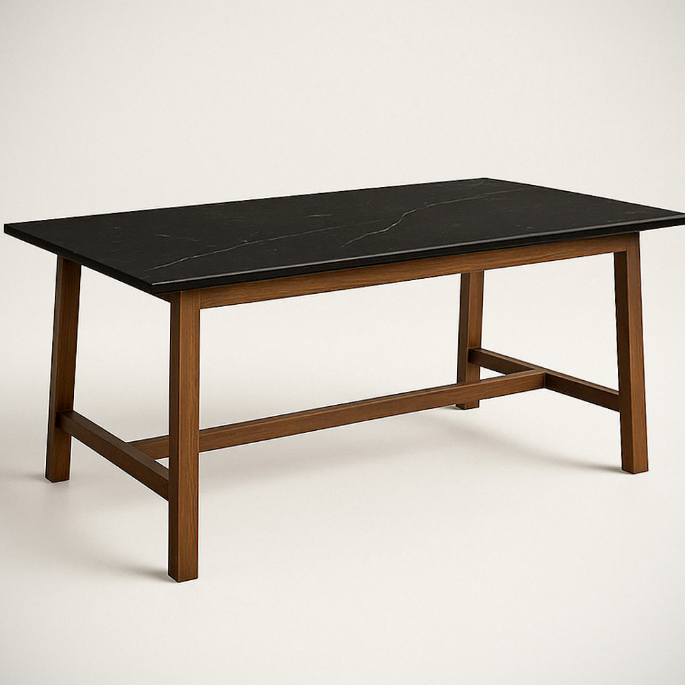 Table rectangulaire en céramique noir avec pieds en bois massif 180x90x75 cm