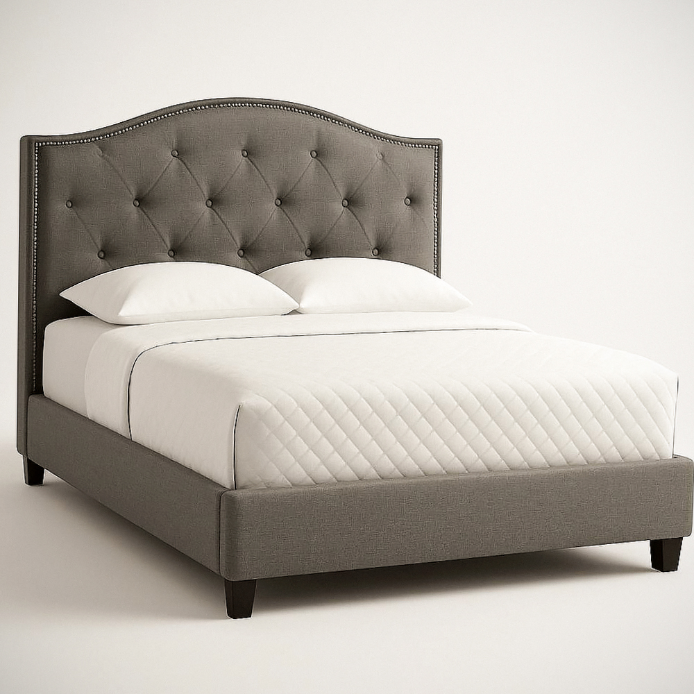 Cadre de lit rembourré avec tête de lit capitonnée en tissu polyester gris