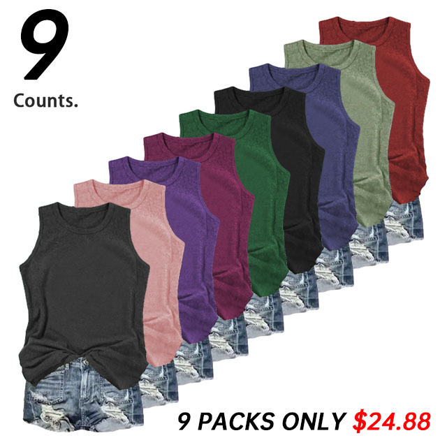 🔥9 PACKS ONLY $24.88 - Women's Solid Round Neck Tank Top