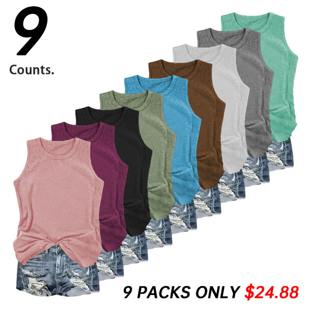 🔥9 PACKS ONLY $24.88 - Women's Solid Round Neck Tank Top