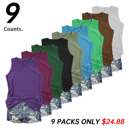 🔥9 PACKS ONLY $24.88 - Women's Solid Round Neck Tank Top