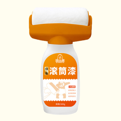 Pintura reparadora para paredes con botella naranja y rodillo