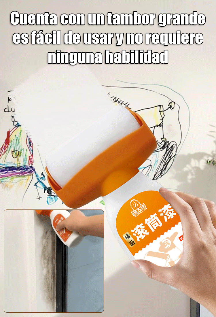 Pintura reparadora para paredes con botella naranja y rodillo