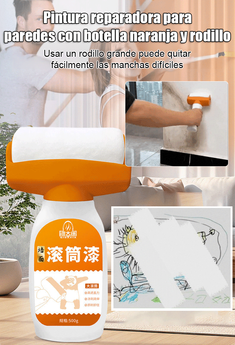 Pintura reparadora para paredes con botella naranja y rodillo