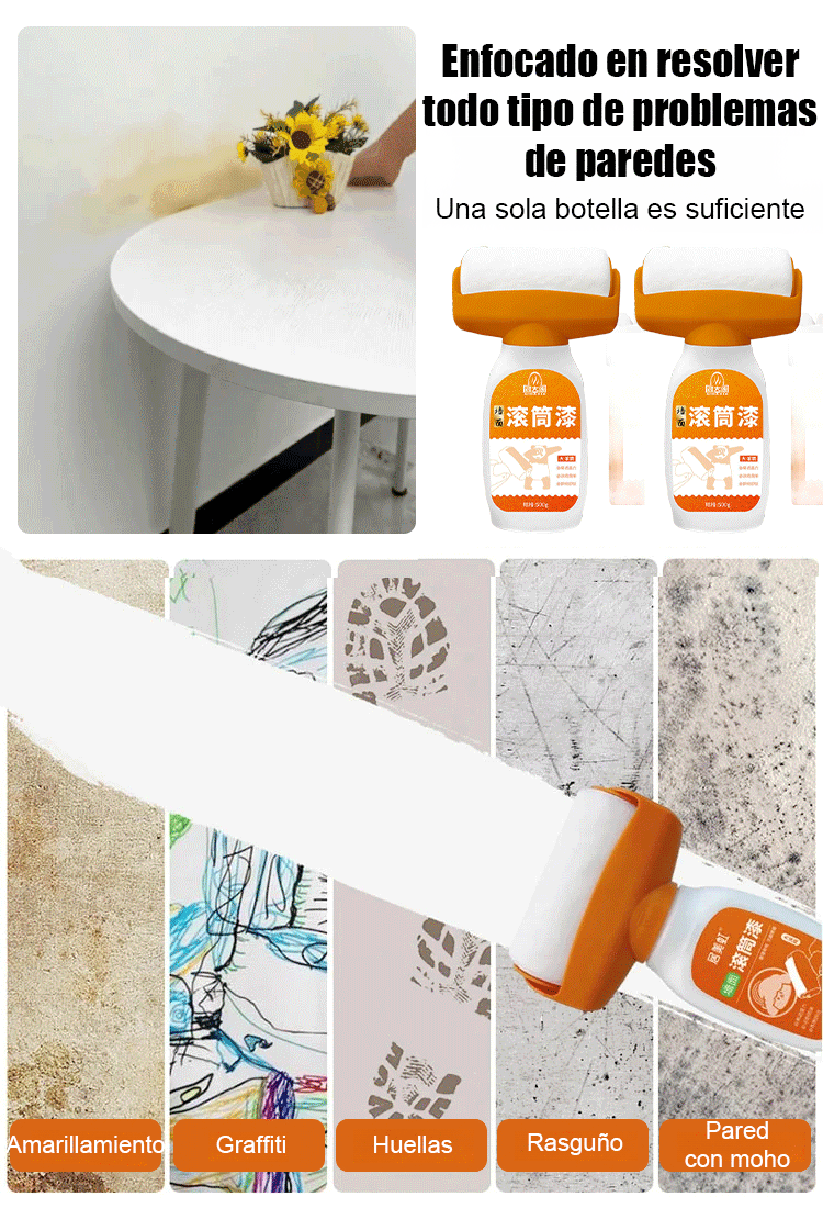 Pintura reparadora para paredes con botella naranja y rodillo