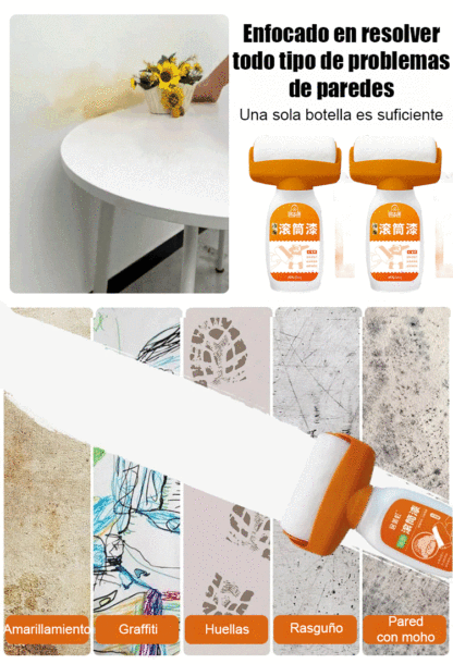 Pintura reparadora para paredes con botella naranja y rodillo