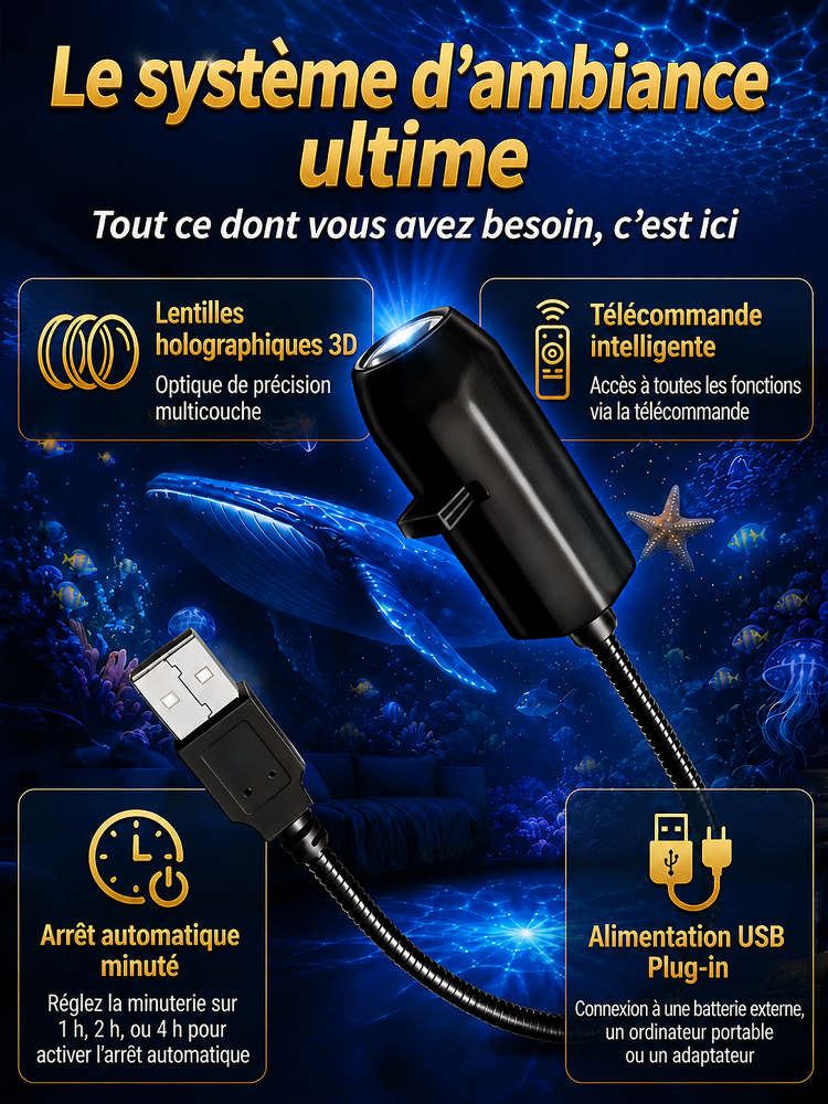 Comauo™ – Projecteur Océan & Ciel Étoilé : Projection Holographique 3D Ultra-HD. Transformez votre pièce en un aquarium d'un réalisme saisissant en seulement 1 seconde !