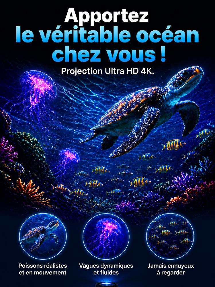 Comauo™ – Projecteur Océan & Ciel Étoilé : Projection Holographique 3D Ultra-HD. Transformez votre pièce en un aquarium d'un réalisme saisissant en seulement 1 seconde !