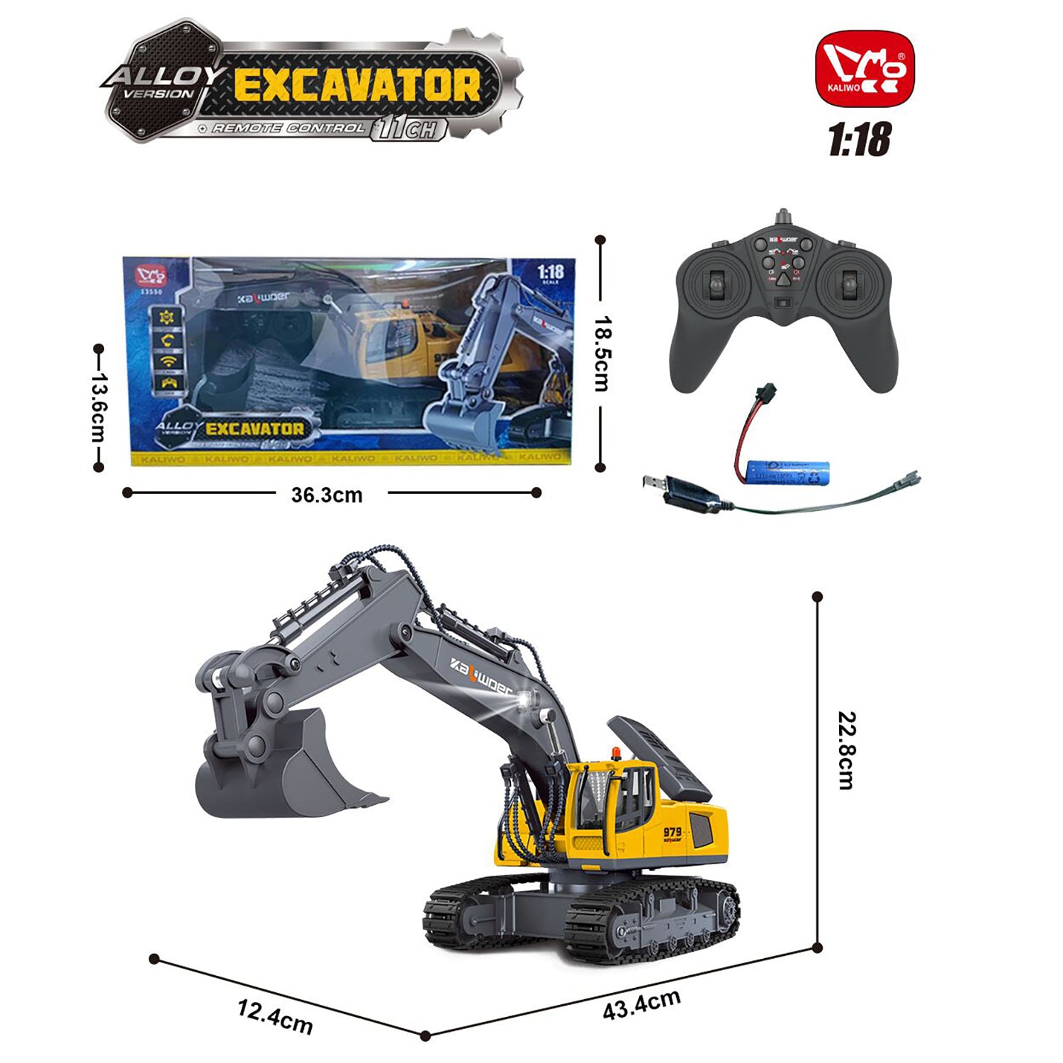 1/18 RC Toys 13550 Remote Control Excavator 11CH 350 Degrees Rotation RC Digger 2.4G Radio Battery Light Sound USB for Child