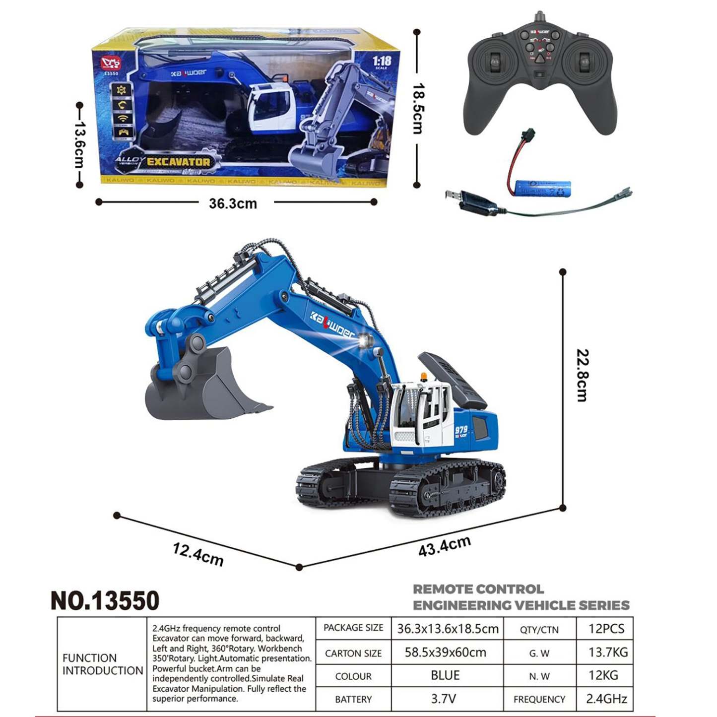 1/18 RC Toys 13550 Remote Control Excavator 11CH 350 Degrees Rotation RC Digger 2.4G Radio Battery Light Sound USB for Child