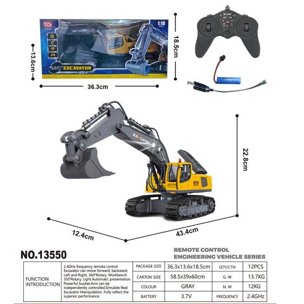 1/18 RC Toys 13550 Remote Control Excavator 11CH 350 Degrees Rotation RC Digger 2.4G Radio Battery Light Sound USB for Child
