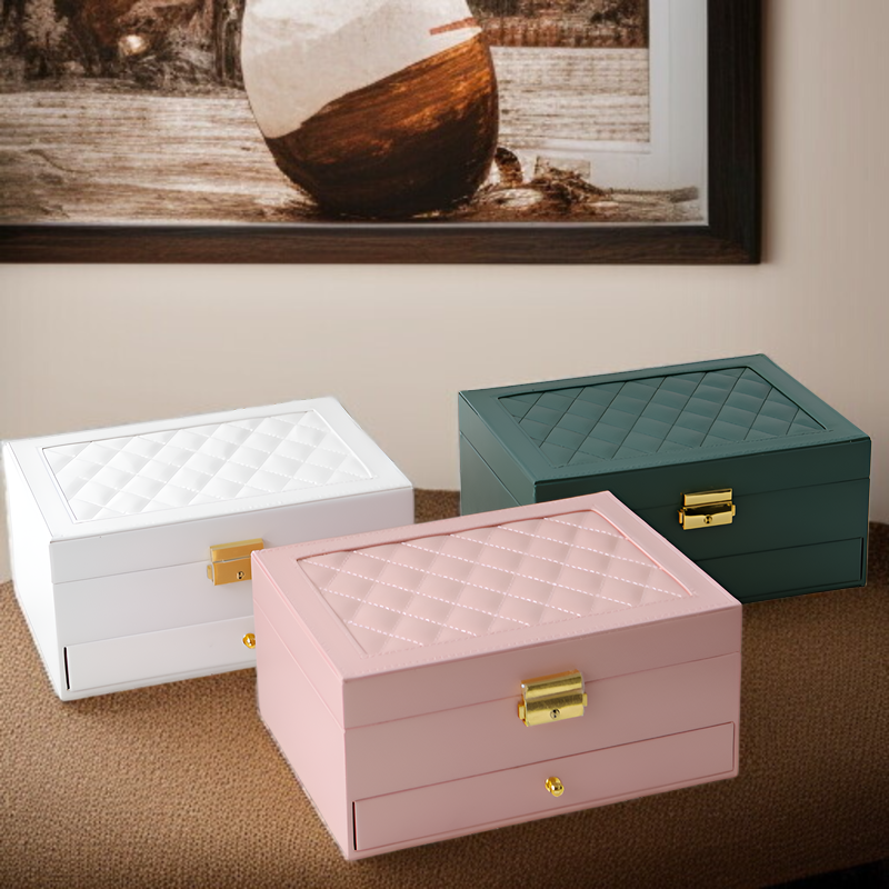 Coffret à bijoux portable à deux niveaux en cuir avec serrure