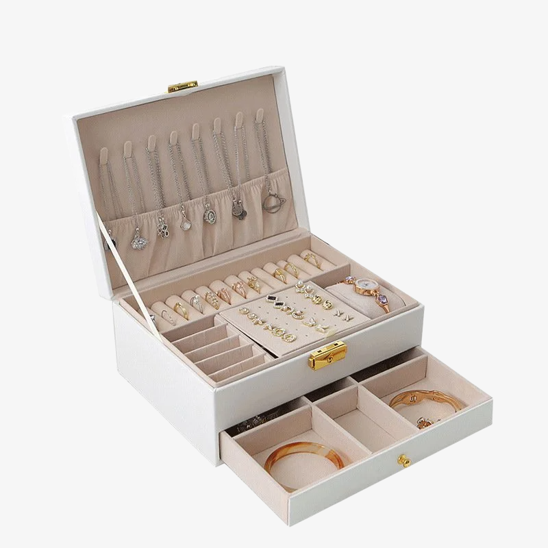 Coffret à bijoux portable à deux niveaux en cuir avec serrure