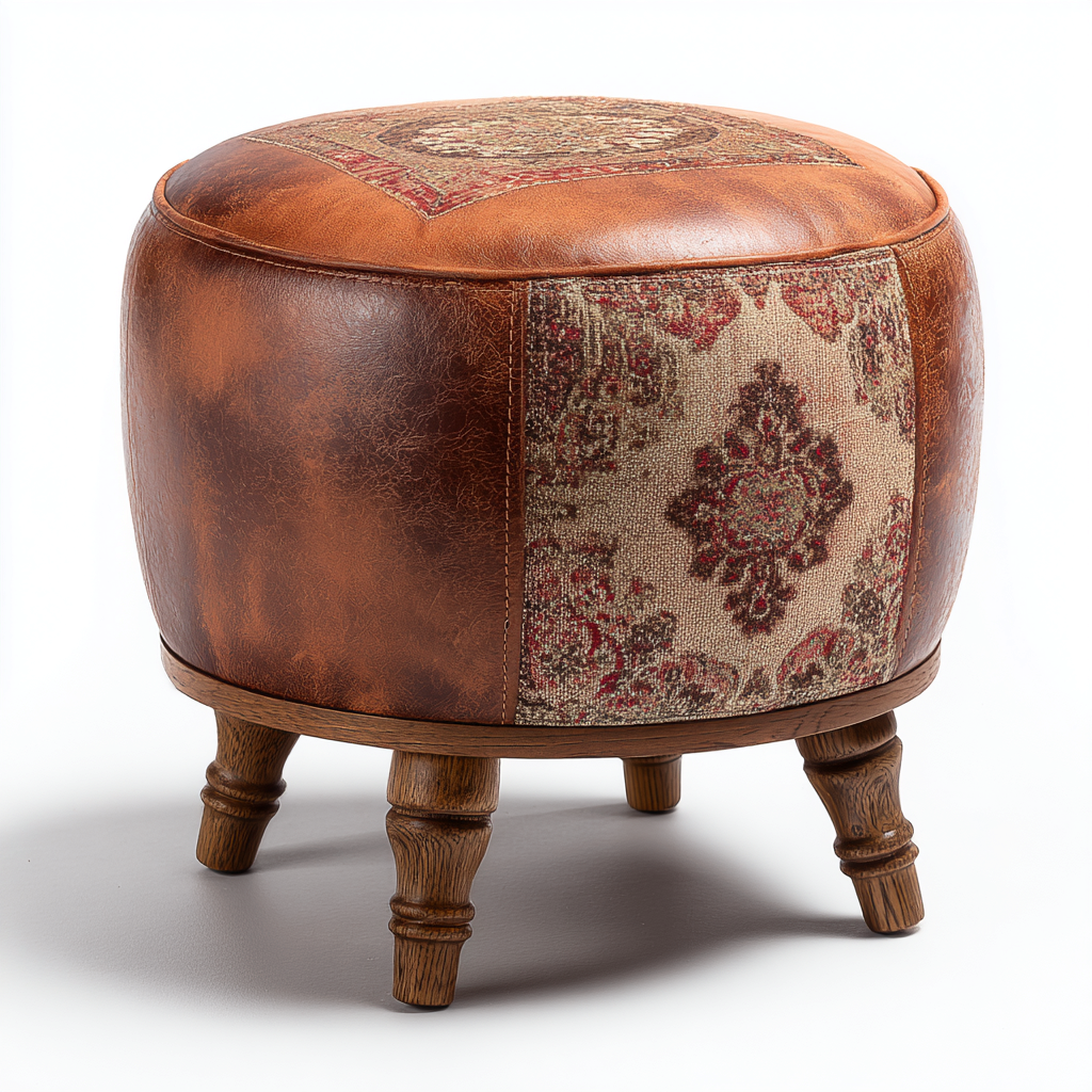 Poggiapiedi rotondo in pelle e tessuto 45x45x40 cm - marrone - design vintage per soggiorno-Homeixe