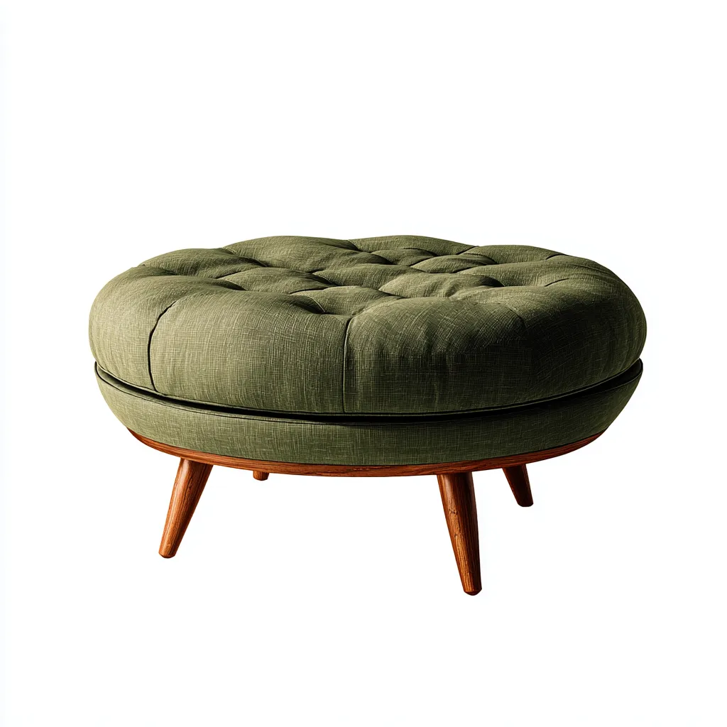 Poggiapiedi rotondo in tessuto con gambe in legno 80x80x45 cm - verde oliva - design vintage per soggiorno-Homeixe