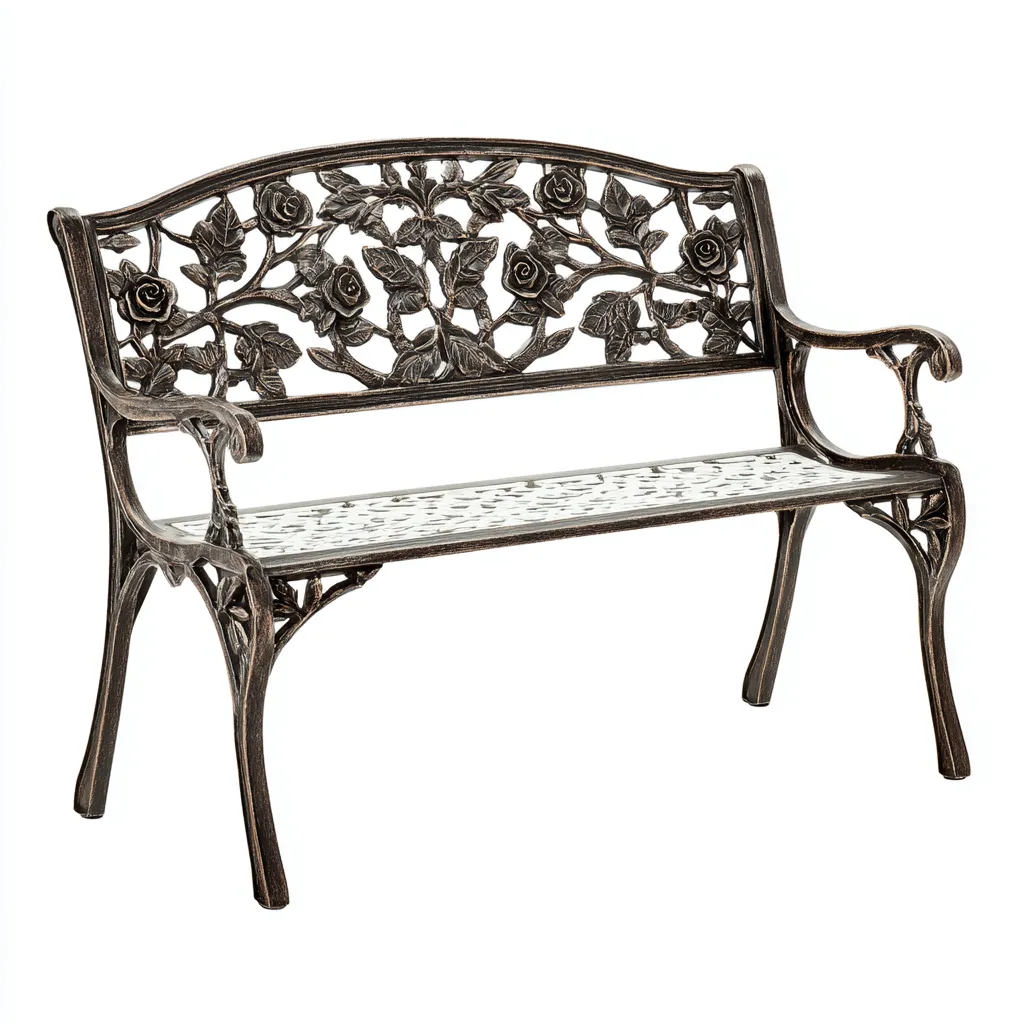 Panca da giardino in ghisa con motivo di rose 115x55x90 cm - bronzo antico - adatta per esterni - design vintage-Homeixe