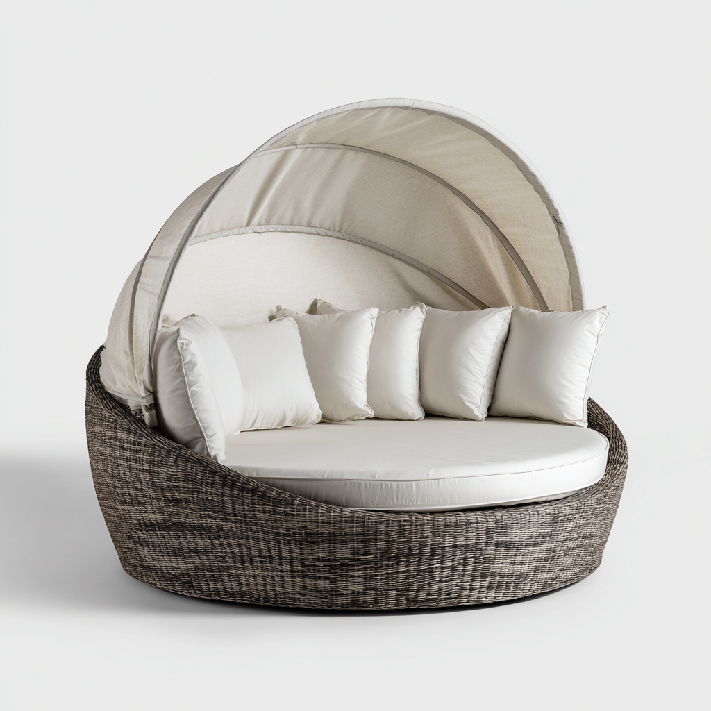 Divano da giardino rotondo in rattan sintetico con tettuccio - 180x180x150 cm - marrone-beige - design moderno per esterni-Homeixe
