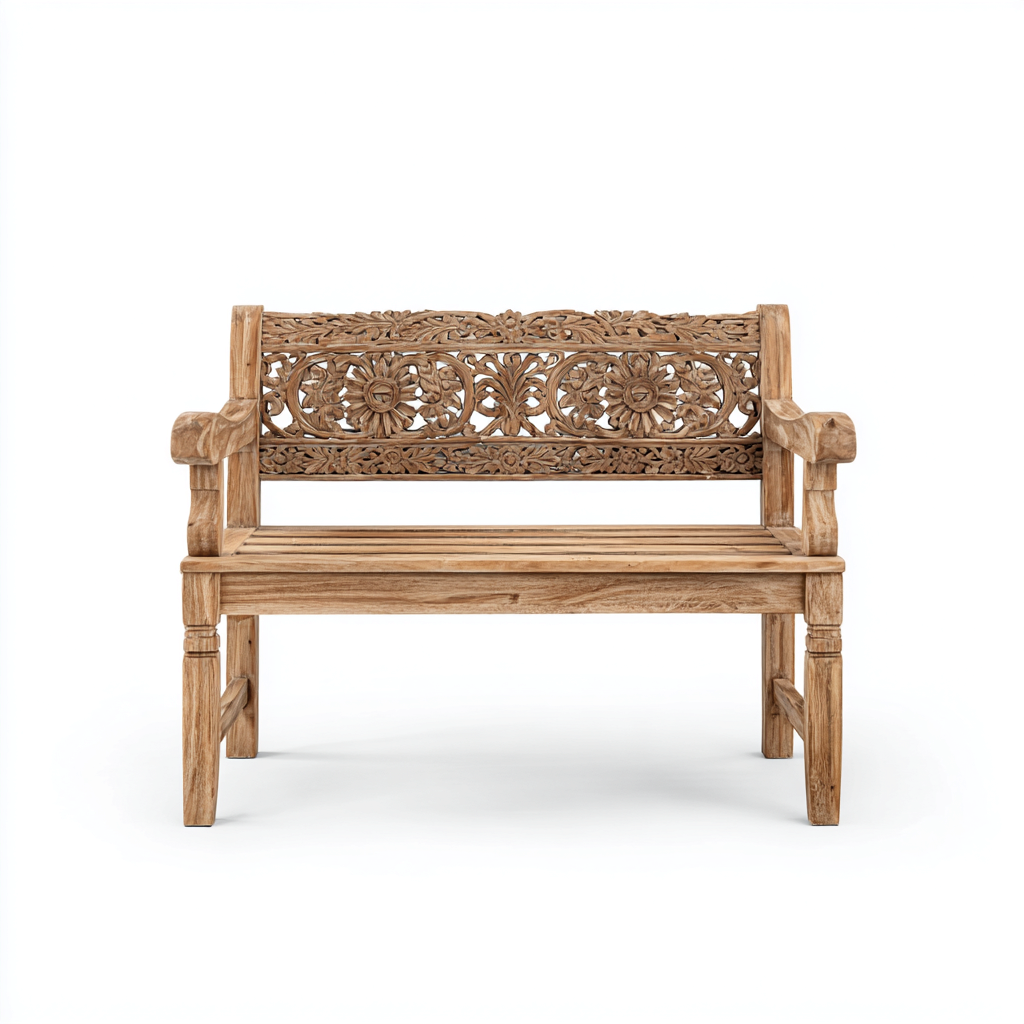 Panca da giardino in legno di teak intagliato 120x55x95 cm - legno naturale - adatta per esterni - design artigianale-Homeixe