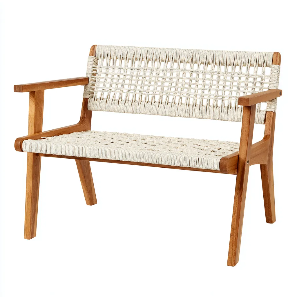 Panca da giardino in legno e corda intrecciata 125x60x85 cm - legno naturale-bianco - design boho moderno-Homeixe