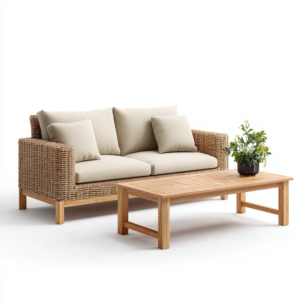 Divano da giardino in rattan naturale con tavolino - 180x85x75 cm - beige-legno naturale - design moderno per esterni-Homeixe