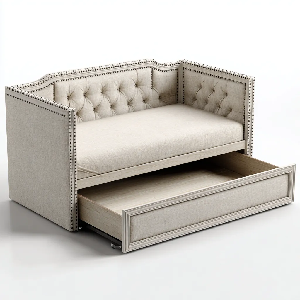 Divano letto imbottito in tessuto beige - 200x90x85 cm - colore beige - design classico con cassetto estraibile-Homeixe