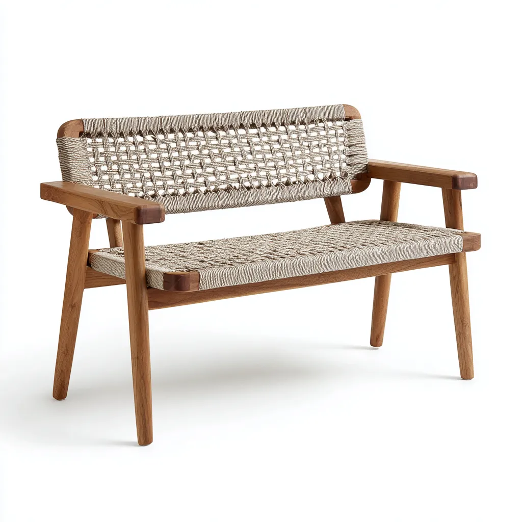 Panca da giardino in legno di teak e corda intrecciata 120x60x80 cm - legno naturale e beige - stile boho moderno-Homeixe